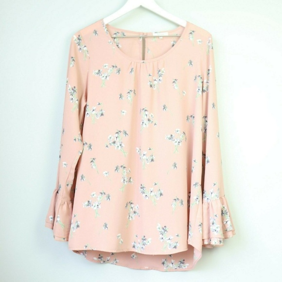 Pleione Tops - Pleione  Pink Floral Bell Long Sleeve Blouse